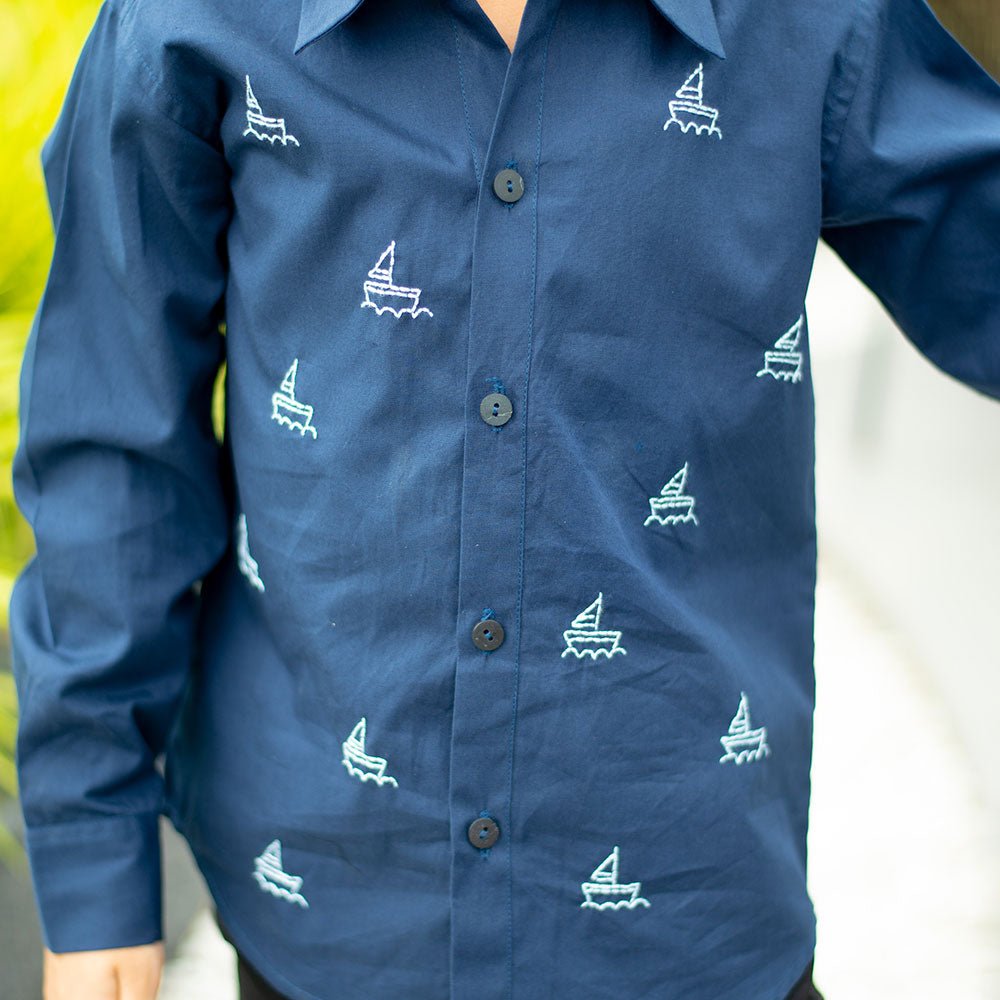 Mini Sail Boats Embroidered Organic Cotton Shirt – Kids Shirts on Brown Living™. SKU: NANFS007EMB053 - 18M. Img 3.