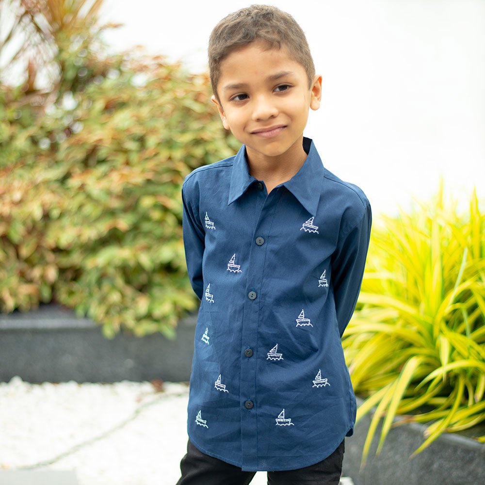 Mini Sail Boats Embroidered Organic Cotton Shirt – Kids Shirts on Brown Living™. SKU: NANFS007EMB053 - 18M. Img 2.