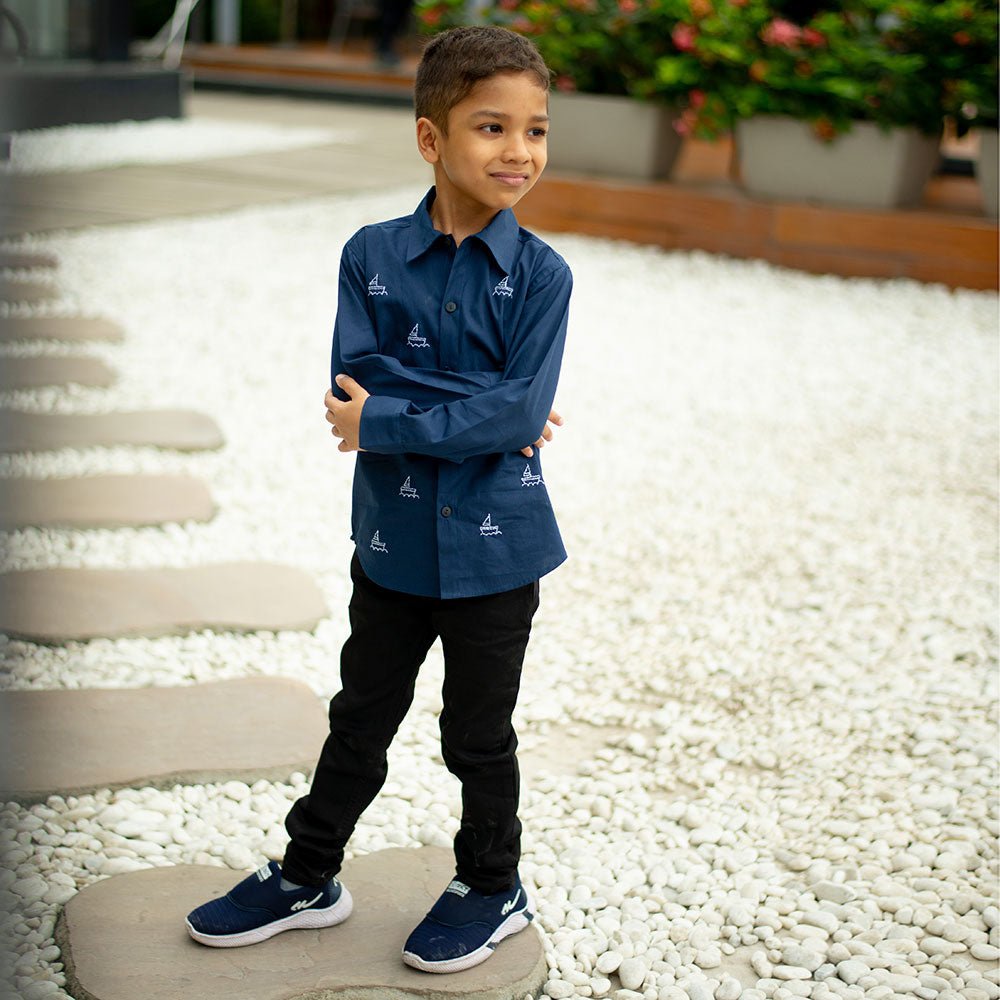 Mini Sail Boats Embroidered Organic Cotton Shirt – Kids Shirts on Brown Living™. SKU: NANFS007EMB053 - 18M. Img 1.