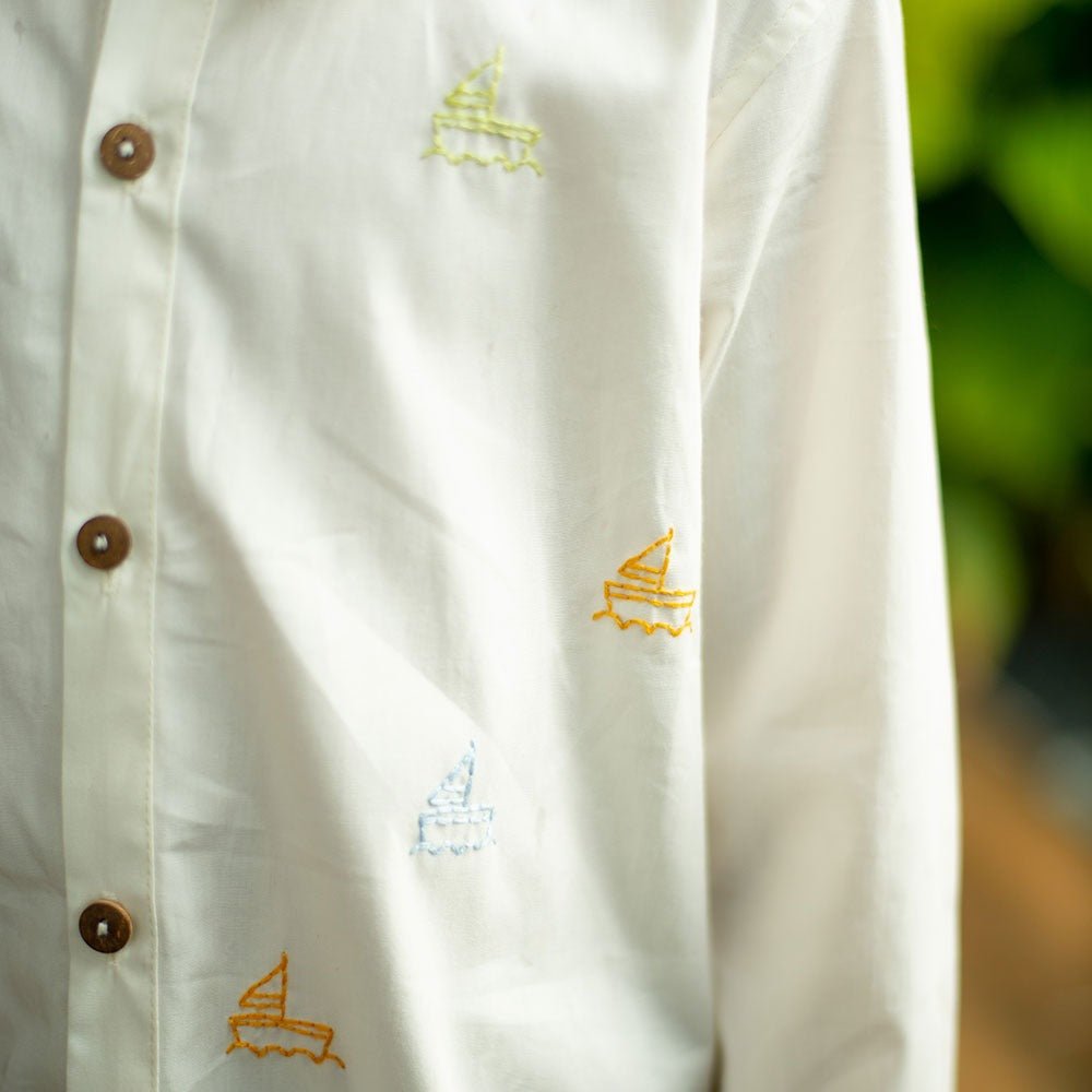 Mini Sail Boats Embroidered Organic Cotton Shirt - White – Kids Shirts on Brown Living™. SKU: NANFS001EMB053 - 3Y. Img 3.