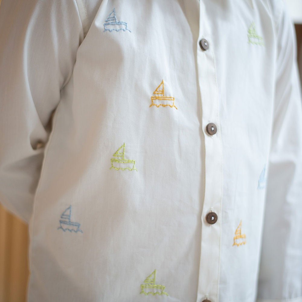 Mini Sail Boats Embroidered Organic Cotton Shirt - White – Kids Shirts on Brown Living™. SKU: NANFS001EMB053 - 4Y. Img 4.