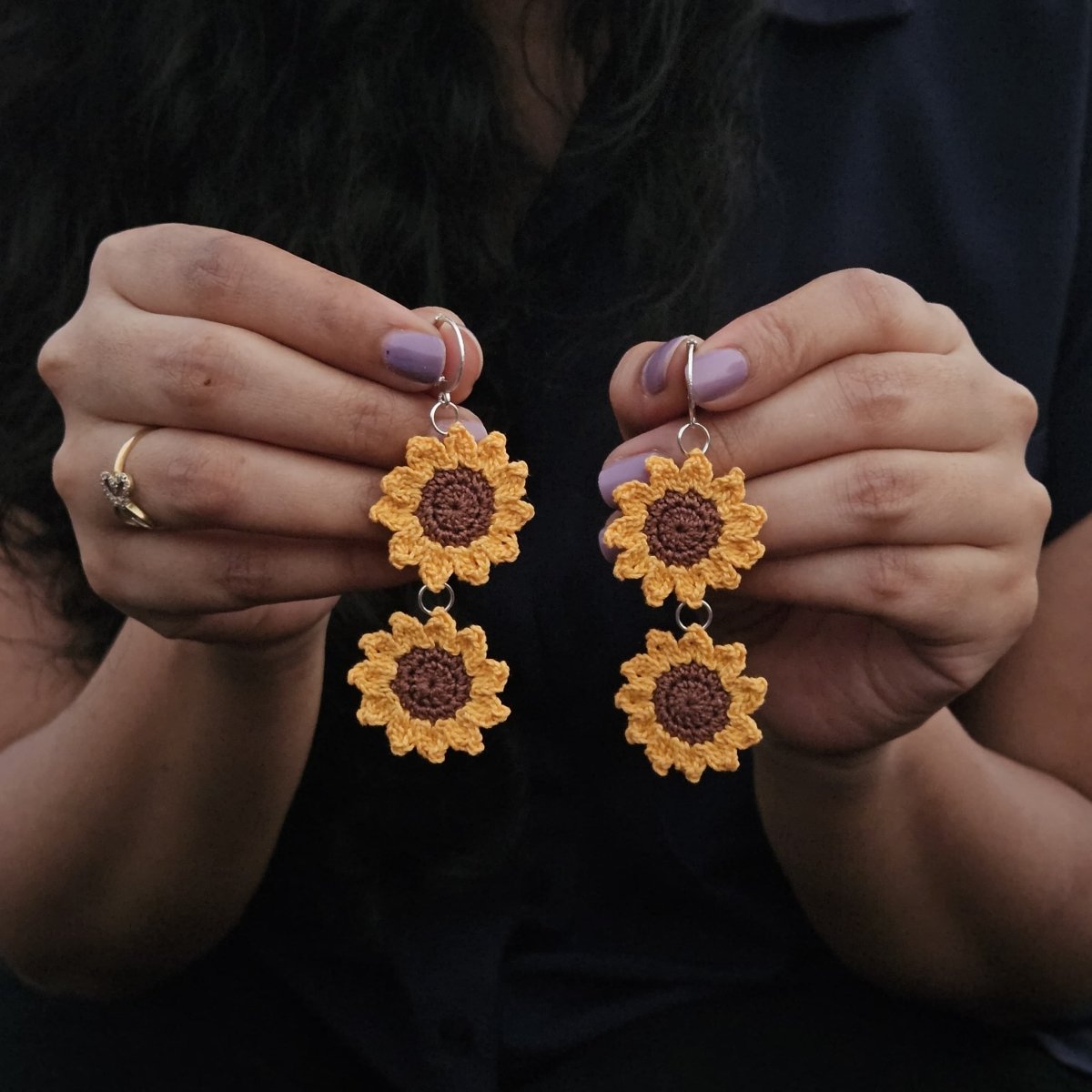 Minimal Sunflower Hand Crochet Earrings – Womens Earrings by Wishing Treasure available on Brown Living™. . SKU: WTESUNF1. Img 4.