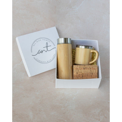 Minimalist Eco Gift Set | Bamboo Mug, Bottle & Cork Wallet Combo – Gift Box on Brown Living™. SKU: ANTTMG. Img 1.