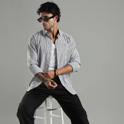 Minimalist Grey and White Cotton Shadow Stripes Shirt – Mens Shirt on Brown Living™. SKU: CS - BW - H - S. Img 2.