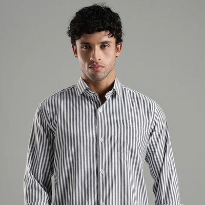 Minimalist Grey and White Cotton Shadow Stripes Shirt – Mens Shirt on Brown Living™. SKU: CS - BW - H - S. Img 1.