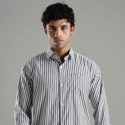 Minimalist Grey and White Cotton Shadow Stripes Shirt – Mens Shirt on Brown Living™. SKU: CS - BW - H - S. Img 1.