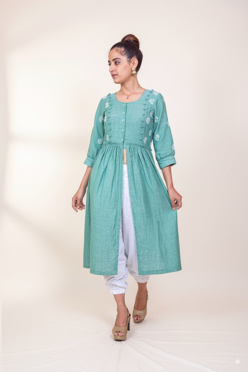 Mint Green Linen Kurta for Women – Everyday Wear – Womens Kurta on Brown Living™. SKU: k14014. Img 1.