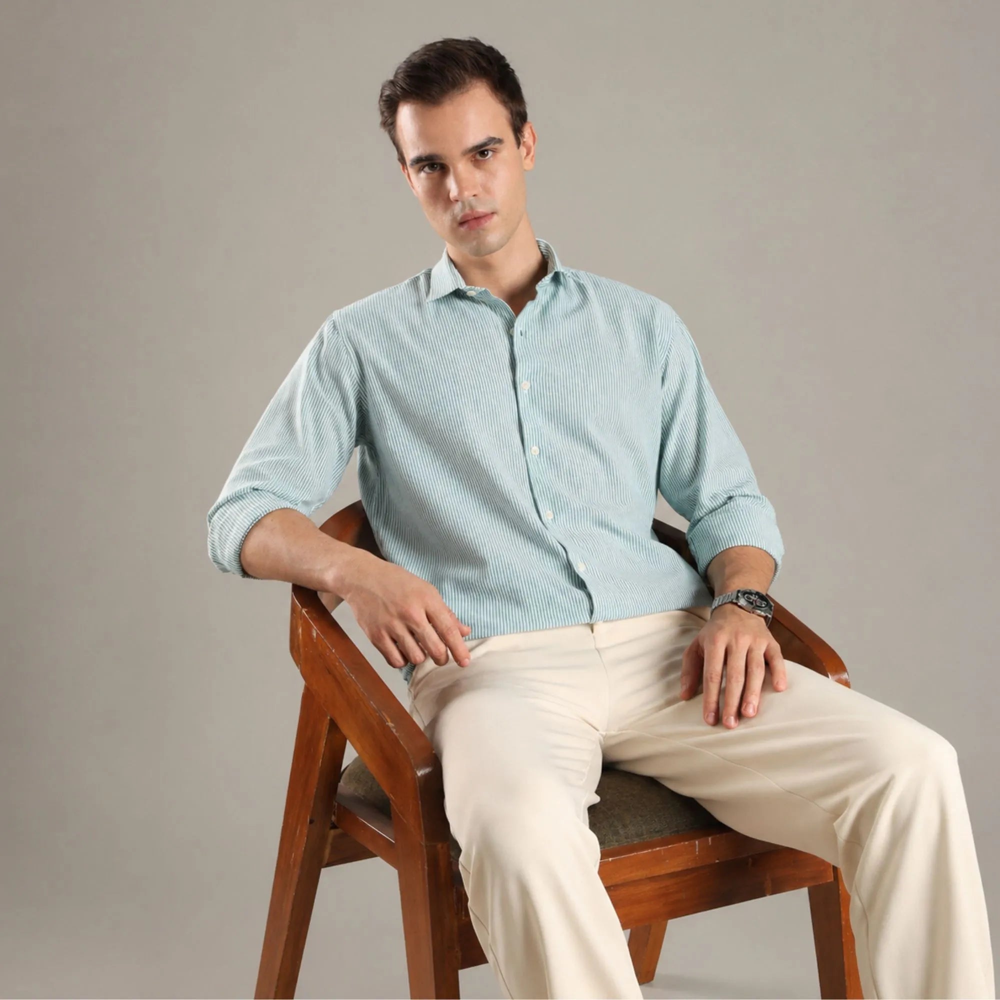 Mint Stripe Organic Cotton Full Sleeve Men’s Shirt – Mens Shirt on Brown Living™. SKU: CS-GR-F-S. Img 1.
