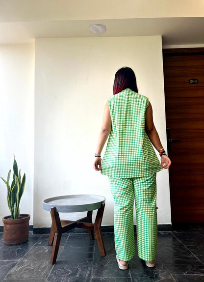 Mira Lemon Green Checks Print 3 Pc Handloom Cotton Co - Ord Set | Verified Sustainable by Brown Living™