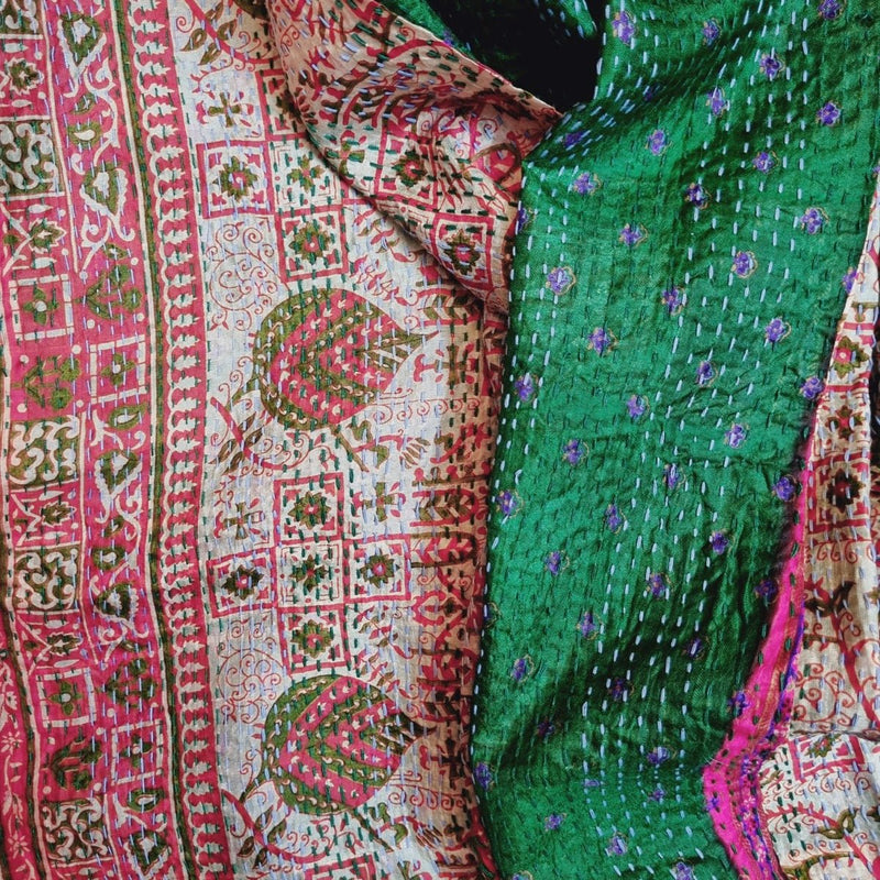 Mithu Kantha Stole - Green and Maroon | Verified Sustainable Womens Dupatta on Brown Living™