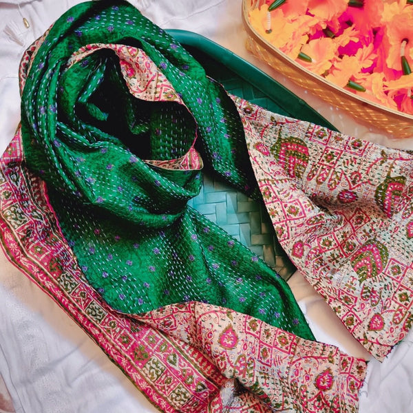 Mithu Kantha Stole - Green and Maroon | Verified Sustainable Womens Dupatta on Brown Living™