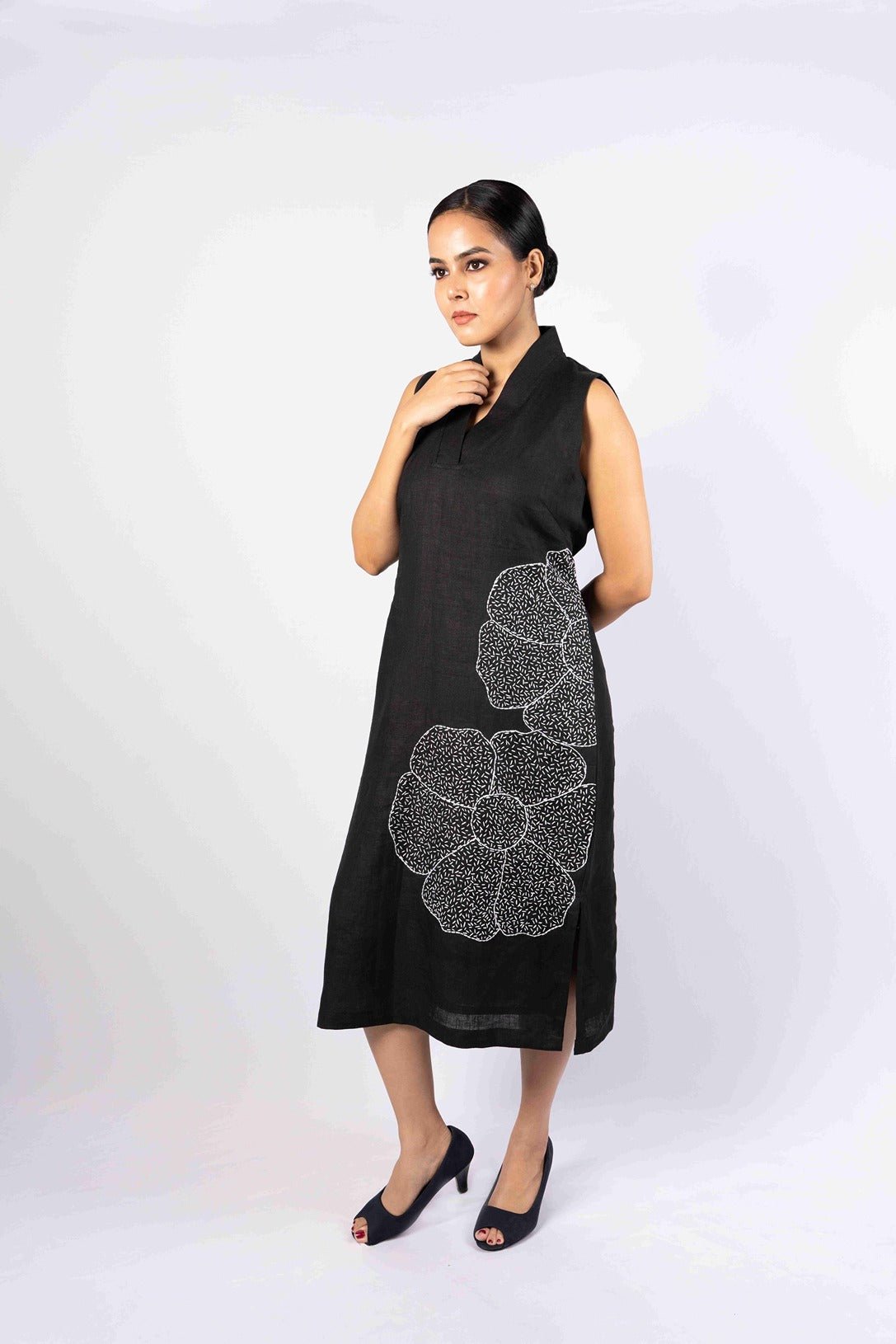Mitti Dress With Kantha Work For Women – Womens Dress on Brown Living™. SKU: HD1018BlackM. Img 9.