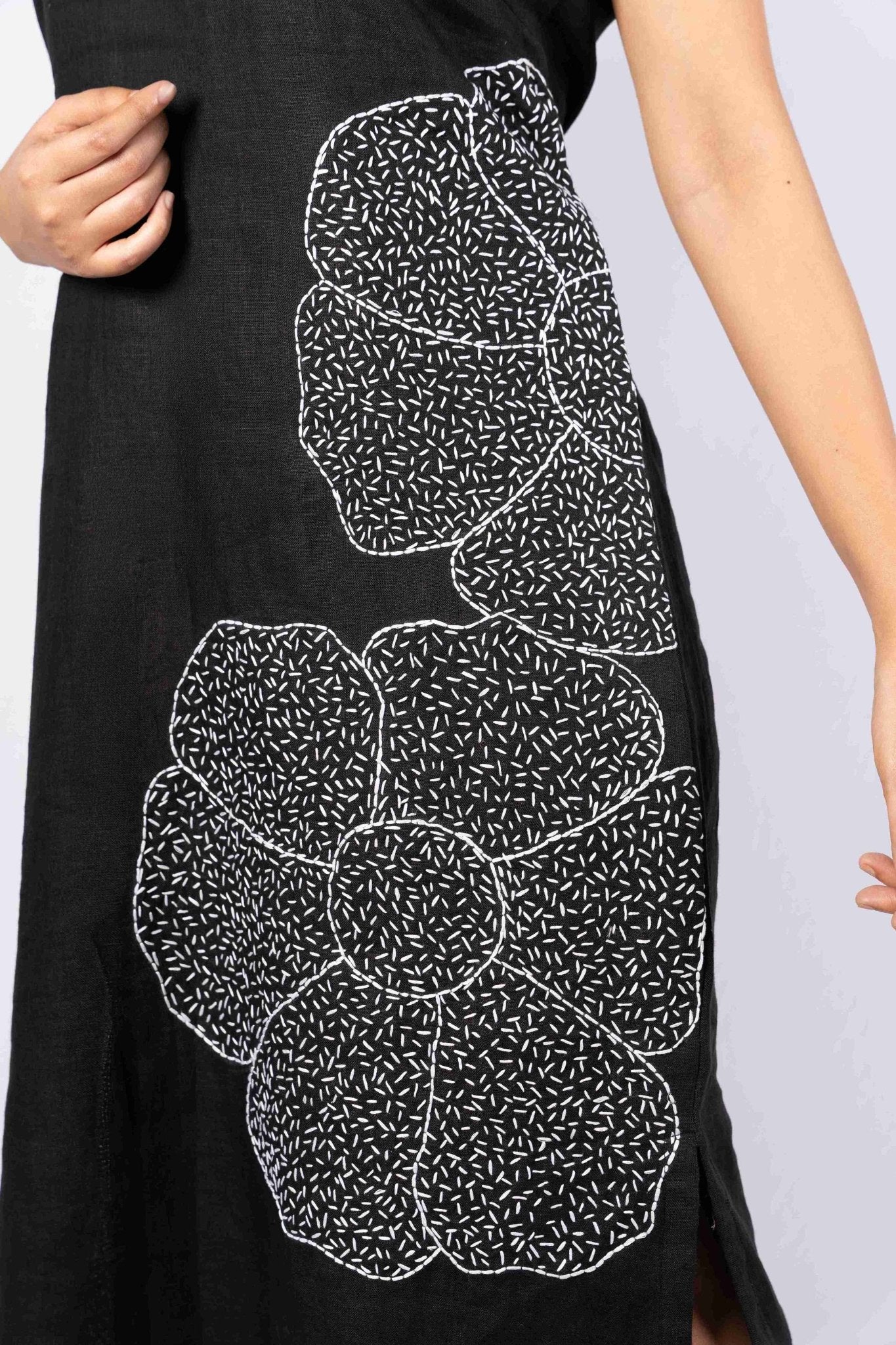 Mitti Dress With Kantha Work For Women – Womens Dress on Brown Living™. SKU: HD1018BlackXS. Img 3.