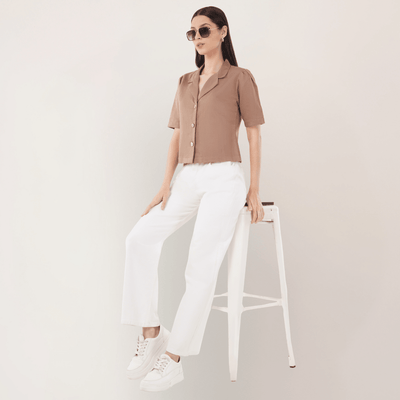 Mocha Latte | Hemp Cotton Sustainable Box Shirt | Women – Womens Shirt on Brown Living™. SKU: MochaLatte-XS. Img 2.