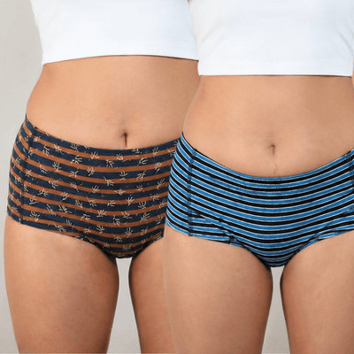 Mocha Leaves & Ocean Blues Organic Cotton Boyshorts | Pack of 2 – Womens Underwear on Brown Living™. SKU: 004BSBrown-NavyXs. Img 1.