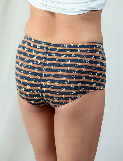 Mocha Leaves & Ocean Blues Organic Cotton Boyshorts | Pack of 2 – Womens Underwear on Brown Living™. SKU: 004BSBrown-NavyXs. Img 5.