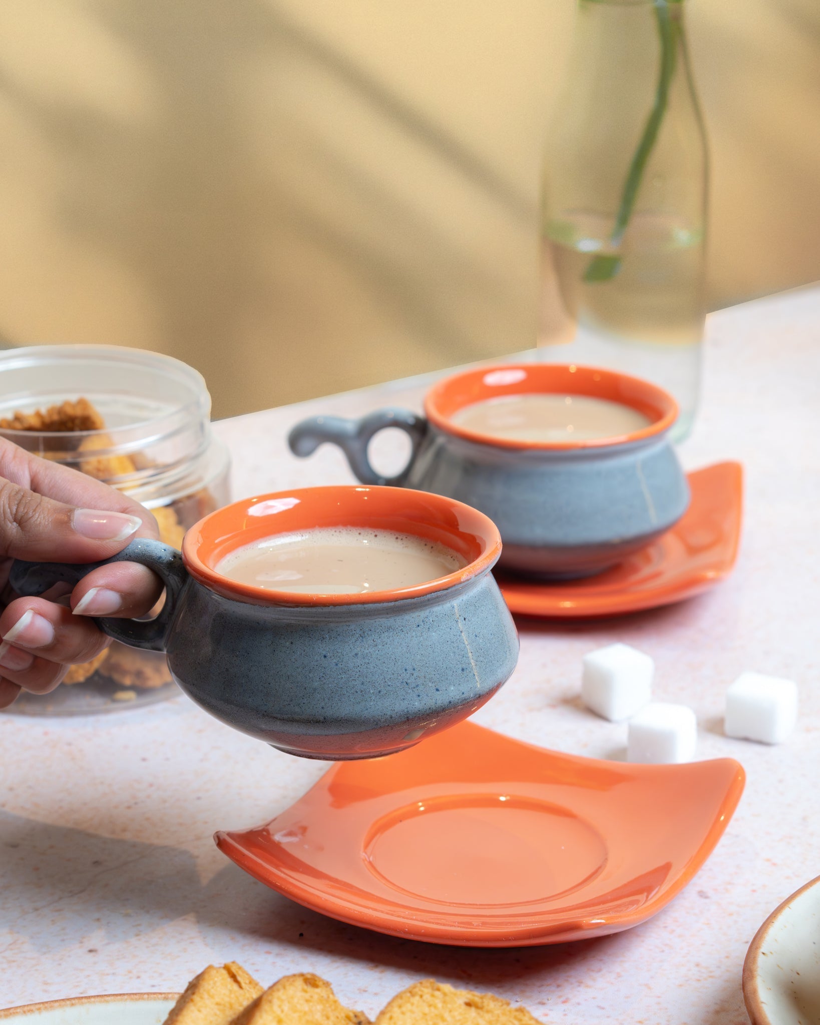 Modo Ceramic Cup & Saucer Set of 2 | Minimal Handmade Tea & Coffee Set – Cups & Saucers on Brown Living™. SKU: MS-DRK-0009-MUG. Img 1.