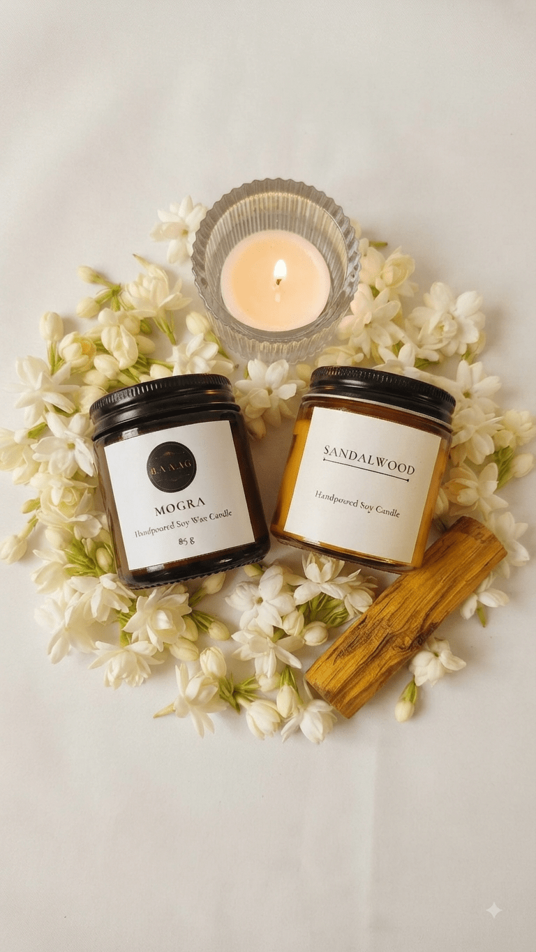 Mogra & Sandalwood Candle Duo | The Evening Ritual | 85g Each – Candles & Fragrances on Brown Living™. SKU: BGSM001. Img 1.