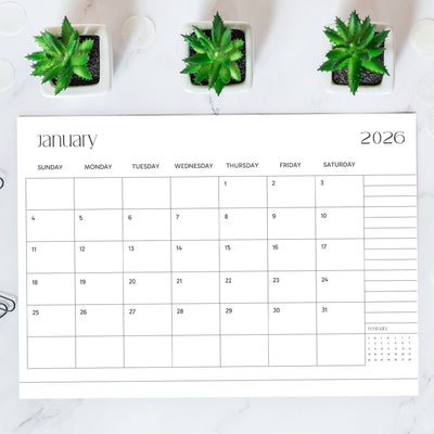 Monthly Desk Mat Calendar 2026 – Planner Refill (Jan–Dec) – Desk Accessories on Brown Living™. SKU: 06-CA06-FlayLay. Img 1.