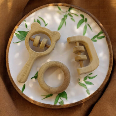 Most Loved Neem Rattles & Teethers – Mickey Head, C - Shape & Ring Shape – Wooden Toys on Brown Living™. SKU: RT_MKHD-C-RNG. Img 2.