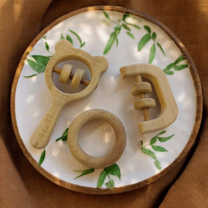 Most Loved Neem Rattles & Teethers – Mickey Head, C - Shape & Ring Shape – Wooden Toys on Brown Living™. SKU: RT_MKHD-C-RNG. Img 2.