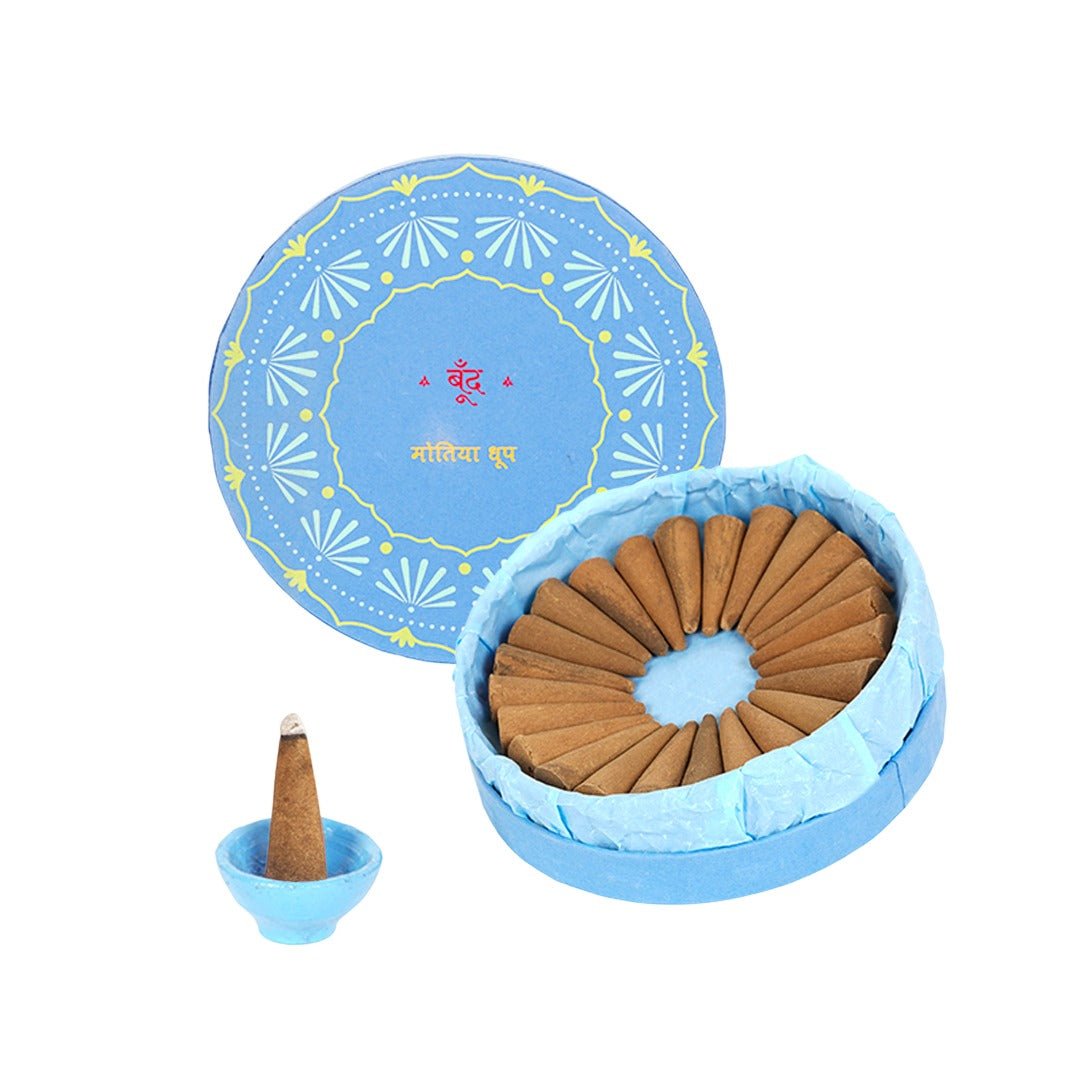 Motiya Dhoop - Pure Jasmine Incense Cones – Candles & Fragrances by Boond Fragrances available on Brown Living™. . SKU: BFD05. Img 1.