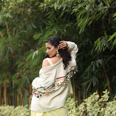 Moxie Tasseled Kala Cotton Oversized Denim Jacket – Womens Shirt on Brown Living™. SKU: JDSR009XS. Img 3.