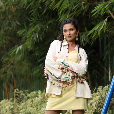 Moxie Tasseled Kala Cotton Oversized Denim Jacket – Womens Shirt on Brown Living™. SKU: JDSR009XS. Img 1.