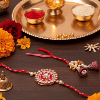 Mukta Bhaiya Bhabhi Rakhi & Lumba Set | Handmade Designer Rakhi Set – Rakhi on Brown Living™. SKU: AM-RKHSET-Mukta. Img 1.