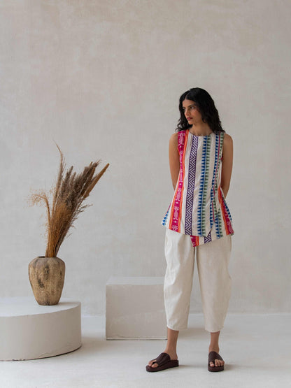 Multicolor Cotton Jacquard Asymmetrical Sleeveless Top for Women – Womens Top on Brown Living™. SKU: DCSS25T03S. Img 7.