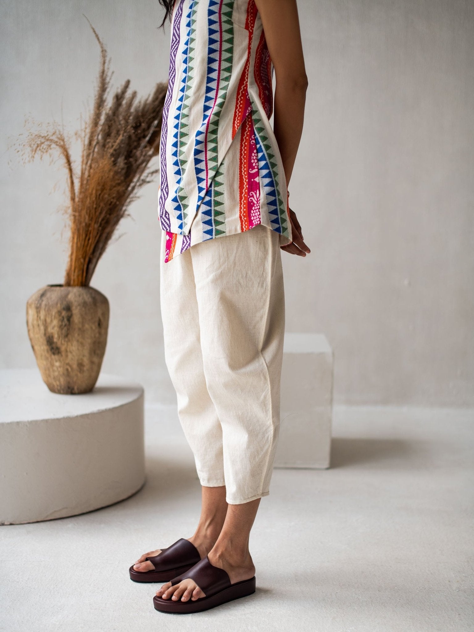 Multicolor Cotton Jacquard Asymmetrical Sleeveless Top for Women – Womens Top on Brown Living™. SKU: DCSS25T03S. Img 6.