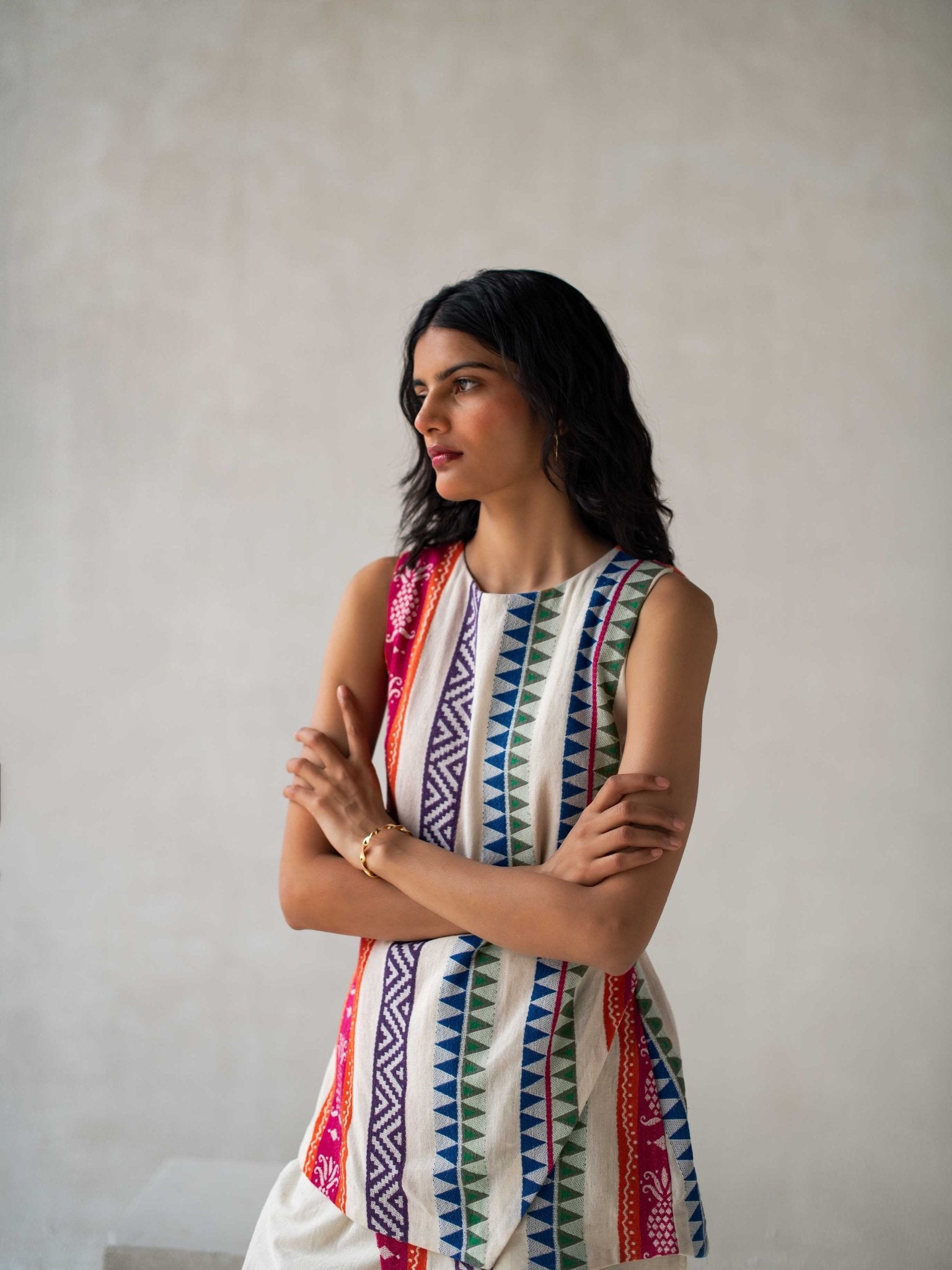 Multicolor Cotton Jacquard Asymmetrical Sleeveless Top for Women – Womens Top on Brown Living™. SKU: DCSS25T03S. Img 1.