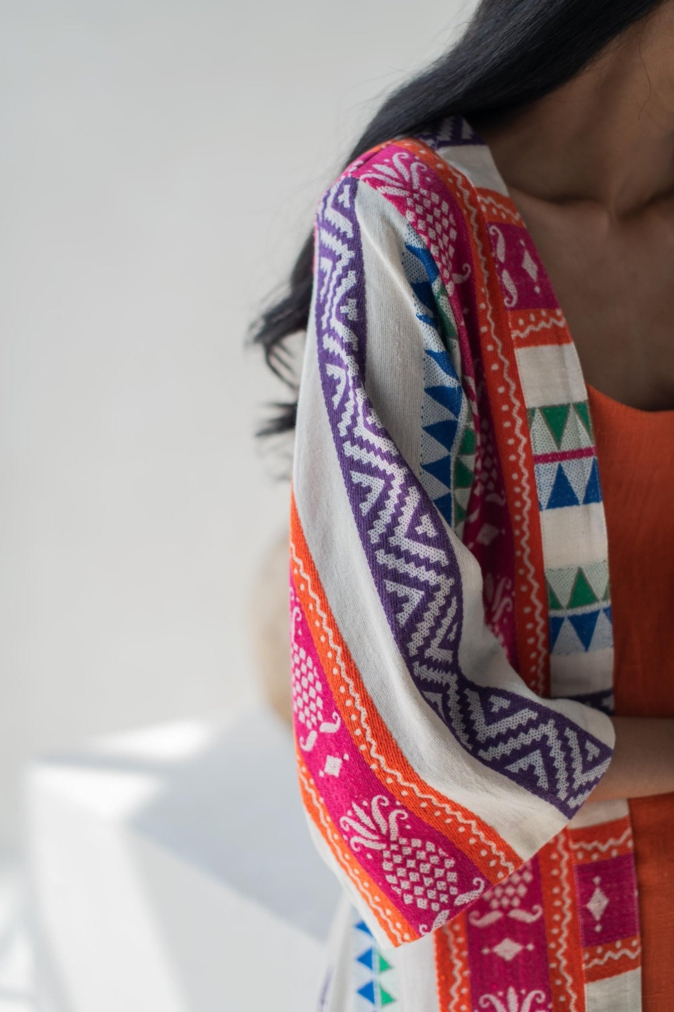 Multicolor Front Open Straight Cotton Jacquard Jacket for Women – Womens Jacket on Brown Living™. SKU: DCSS25L04S. Img 3.