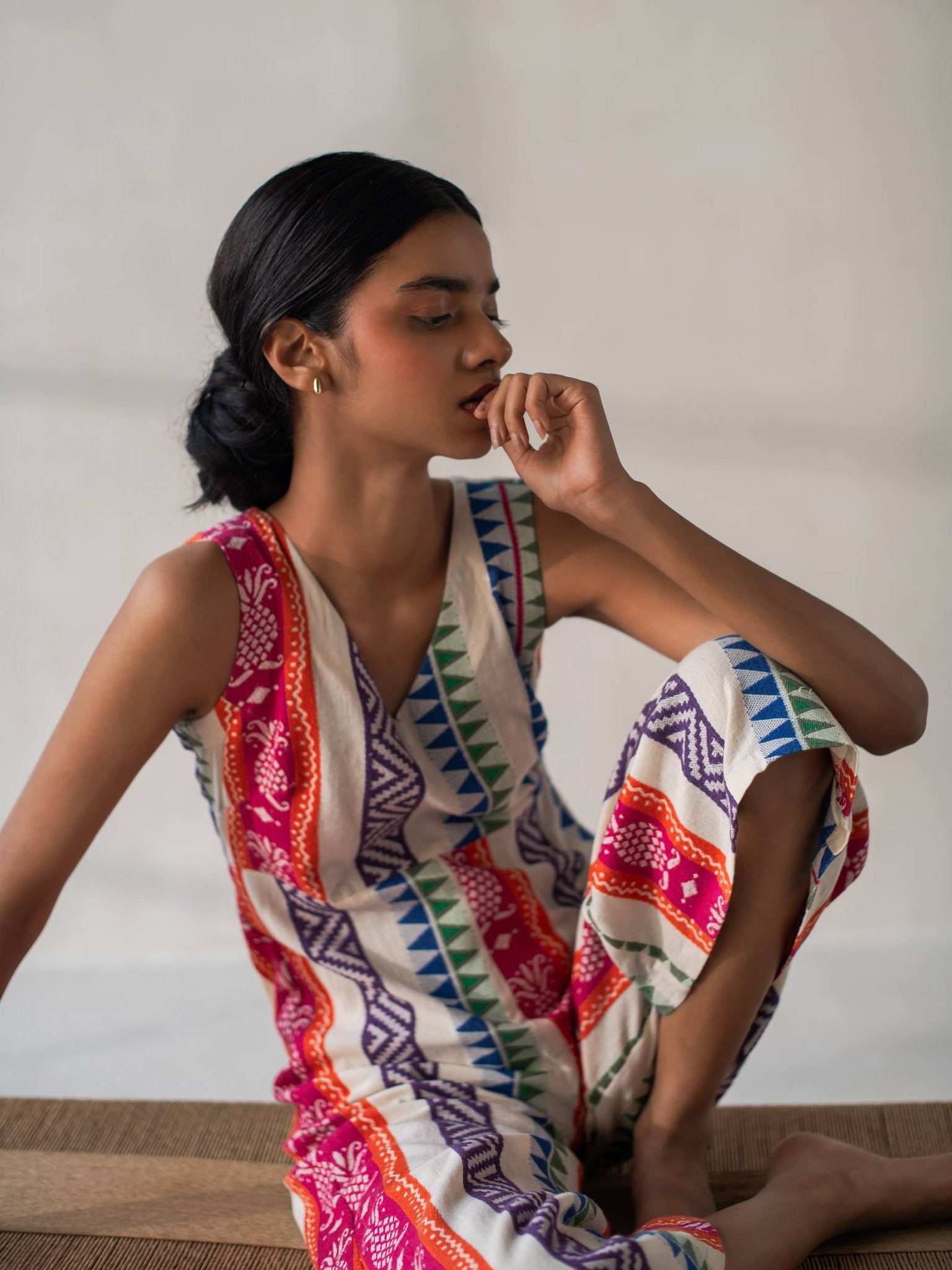 Multicolored Cotton Jacquard Flared Jumpsuit for Women – Womens Jumpsuit on Brown Living™. SKU: DCSS25D01S. Img 2.