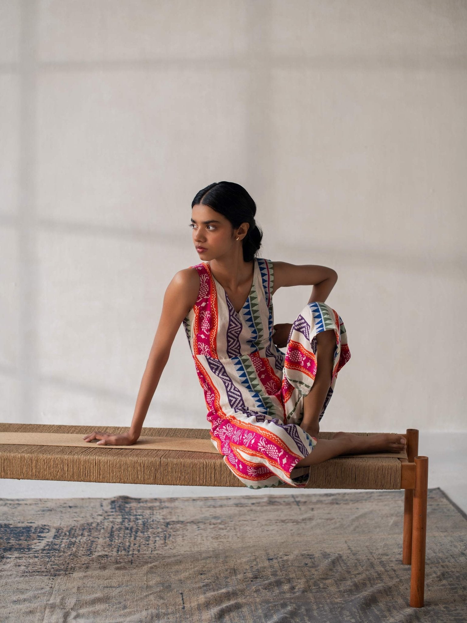 Multicolored Cotton Jacquard Flared Jumpsuit for Women – Womens Jumpsuit on Brown Living™. SKU: DCSS25D01S. Img 1.