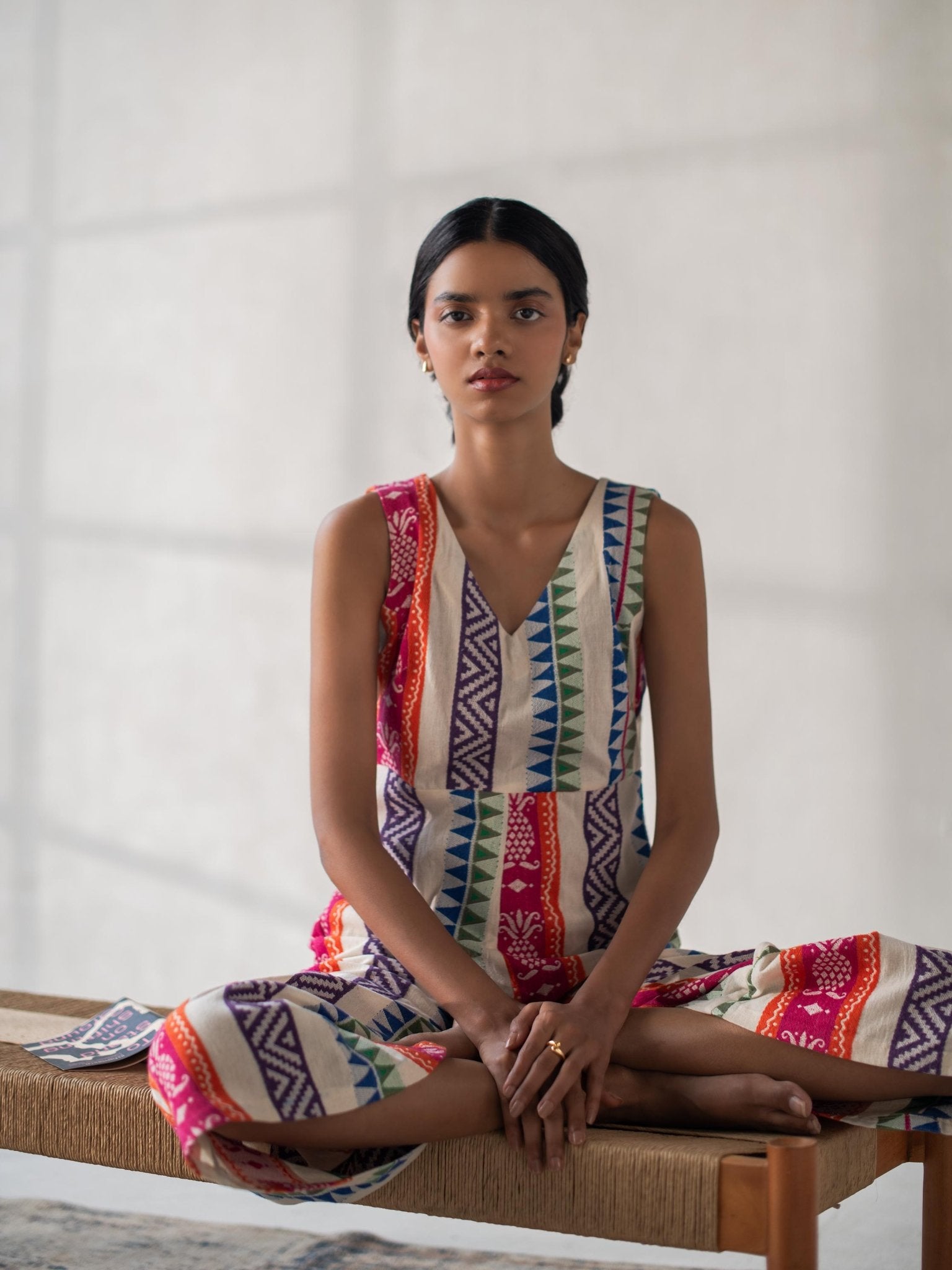 Multicolored Cotton Jacquard Flared Jumpsuit for Women – Womens Jumpsuit on Brown Living™. SKU: DCSS25D01S. Img 4.