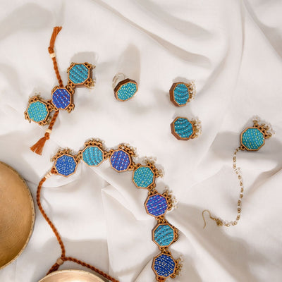 Multicolour Kantha Repurposed Silk Fabric & Wood Jewellery Set – Womens Earrings on Brown Living™. SKU: JCC047. Img 2.