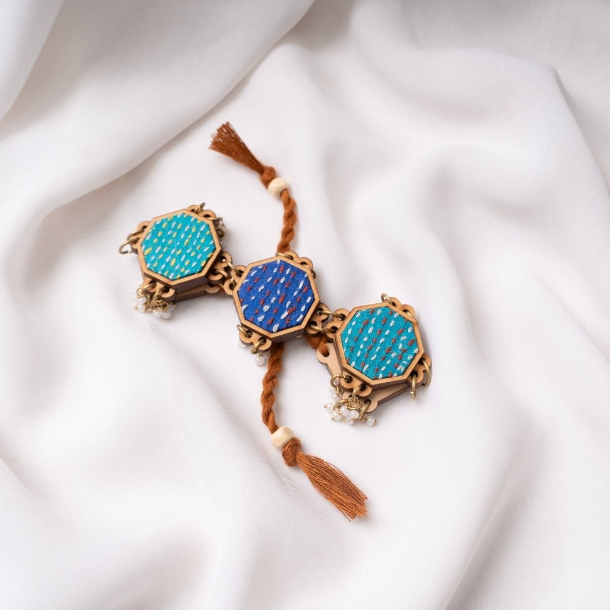 Multicolour Kantha Repurposed Silk Fabric & Wood Jewellery Set – Womens Earrings on Brown Living™. SKU: JCC047. Img 7.