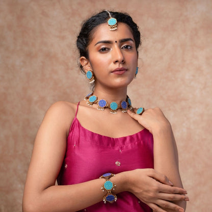 Multicolour Kantha Repurposed Silk Fabric & Wood Jewellery Set – Womens Earrings on Brown Living™. SKU: JCC047. Img 1.