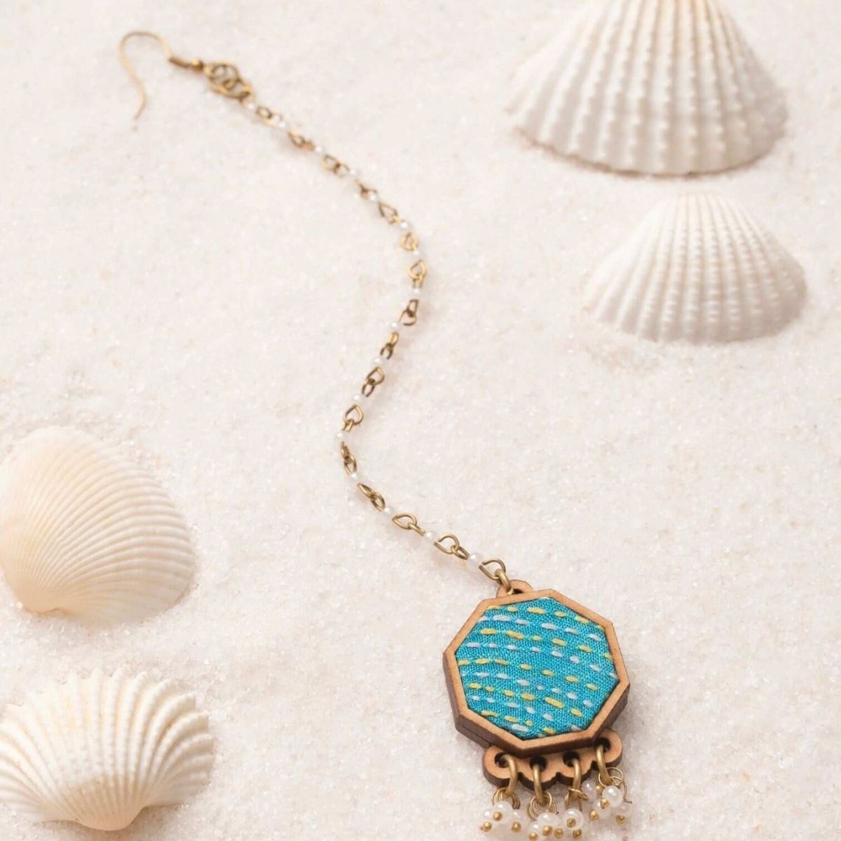 Multicolour Kantha Repurposed Silk Fabric & Wood Jewellery Set – Womens Earrings on Brown Living™. SKU: JCC047. Img 6.