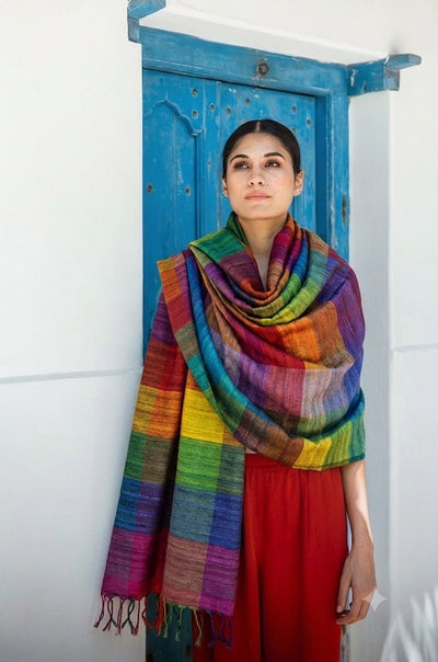 Multicolour Madras Checks Tussar Peace Silk Scarf – Womens Scarf on Brown Living™. SKU: NAESA104. Img 3.