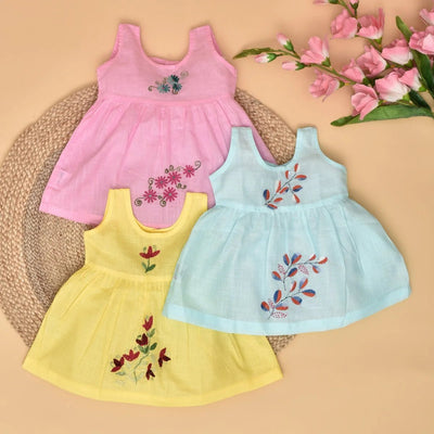 Multicolour Pure Cotton Hand Embroidered Baby Dress Combo - Set of 3 – Kids Frocks & Dresses on Brown Living™. SKU: STRCOTMULTFROCOM02 - Sn. Img 1.