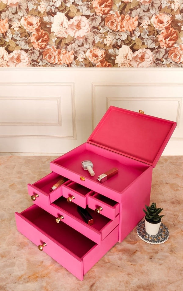 Multipurpose Wooden Makeup & Jewellery Organizer with 5 Drawers - Pink | Verified Sustainable by Brown Living™