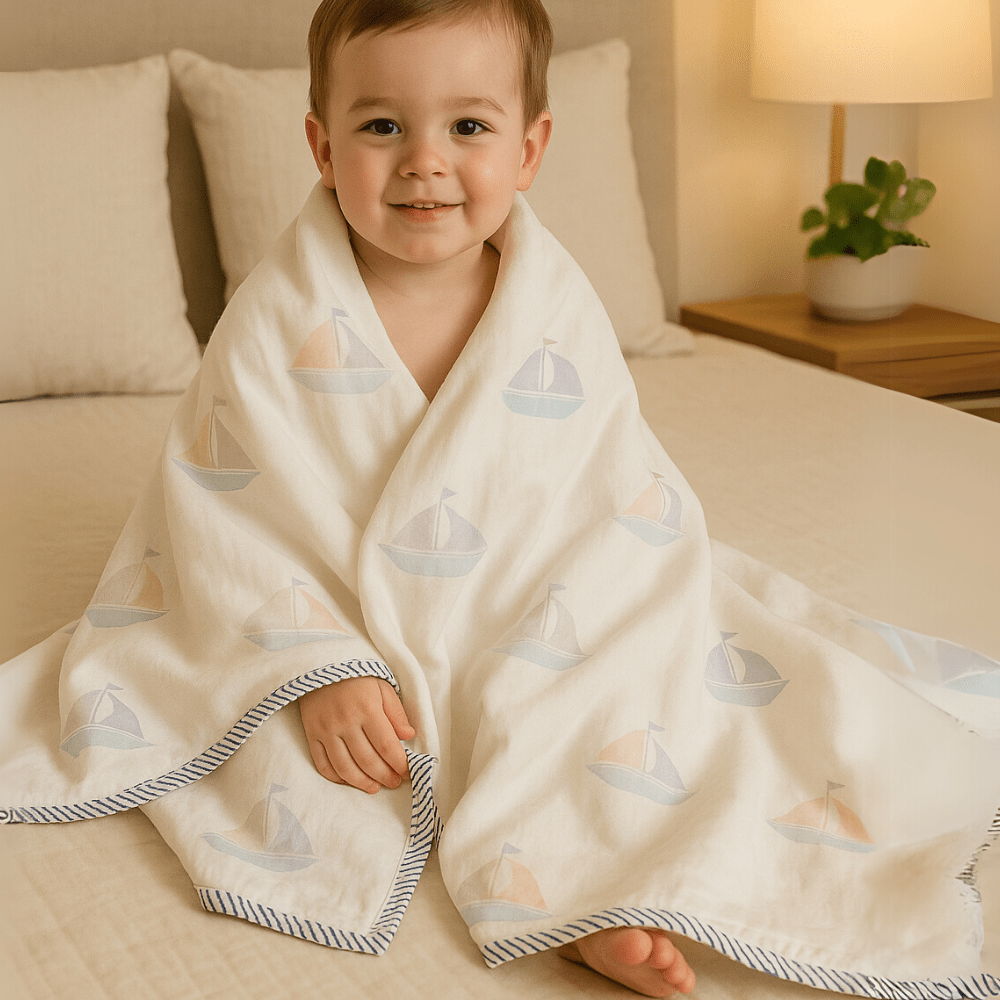 Muslin Kids Blanket – 3D Handblock Boat Print – 40x60 – All - Season – Bedding on Brown Living™. SKU: DO3DBOAT4060. Img 7.