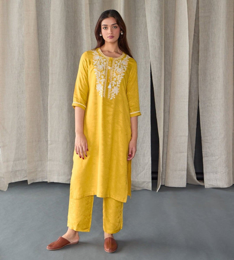 Mustard Jacquard Kurta | Verified Sustainable by Brown Living™