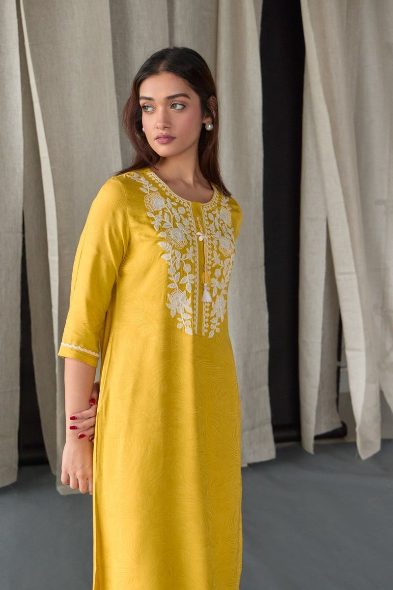 Mustard Jacquard Kurta | Verified Sustainable by Brown Living™