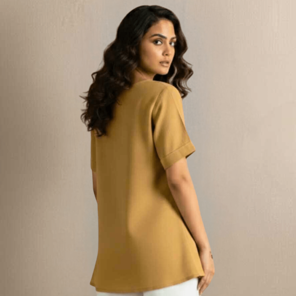 Mustard Slub Cotton Tunic | Hand Painted Fish Motif | Sustainable Wear – Womens Tunic on Brown Living™. SKU: ASMFM. Img 3.