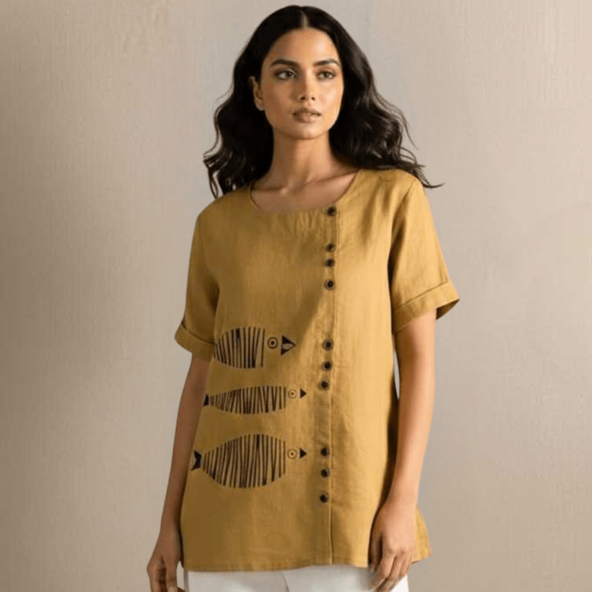 Mustard Slub Cotton Tunic | Hand Painted Fish Motif | Sustainable Wear – Womens Tunic on Brown Living™. SKU: ASMFM. Img 1.