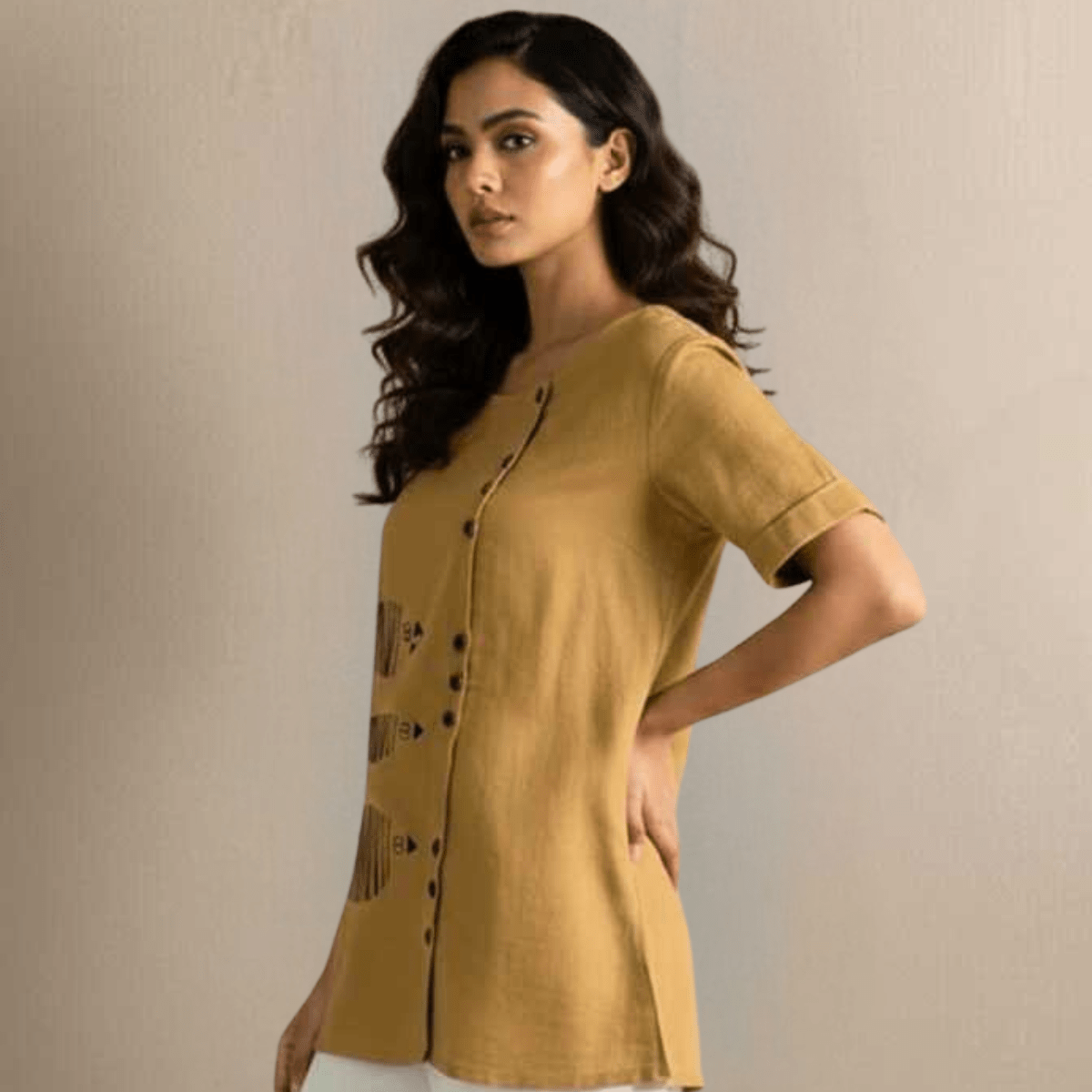 Mustard Slub Cotton Tunic | Hand Painted Fish Motif | Sustainable Wear – Womens Tunic on Brown Living™. SKU: ASMFM. Img 2.