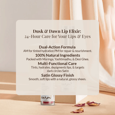 Narm Dusk & Dawn Lip Elixir – AM Tint & PM Lip Therapy Duo – Lip Combo Pack on Brown Living™. SKU: ORG - NARM - LIPDUO01. Img 6.